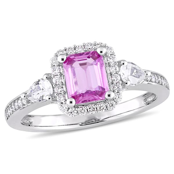 Gemstones Classics(tm) 14kt. White Gold Sapphire Halo 3-Stone Ring - image 