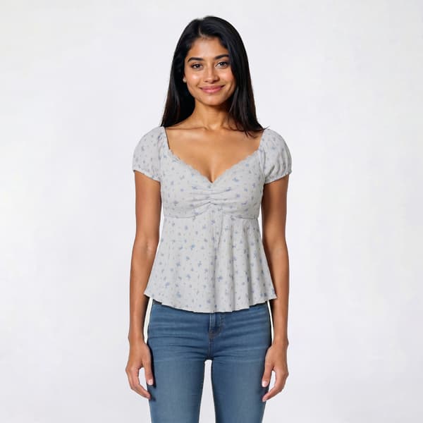 Juniors Pink Rose Crinkle Knit Puff Sleeve Peplum Top - image 