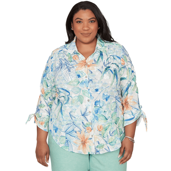 Plus Size Alfred Dunner Caribbean Blues Tropical Flower Eyelet T - image 
