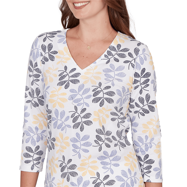 Petite Hearts of Palm Printed Essentials Leaf V Neck Blouse
