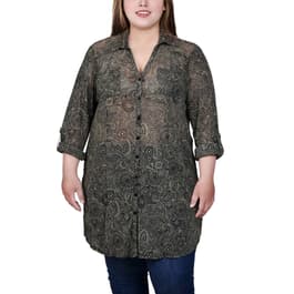 Plus Size NY Collection 3/4 Roll Sleeve Long Sheer Tunic - Olive