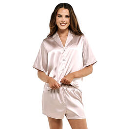 Womens Nicole Miller Short Sleeve Satin Boxy Short Pajama Set