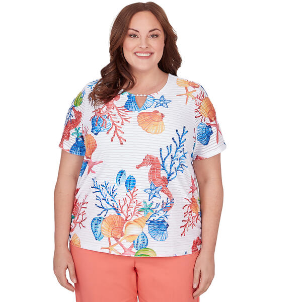 Plus Size Alfred Dunner Neptune Beach Knit Seahorses Texture Top - image 