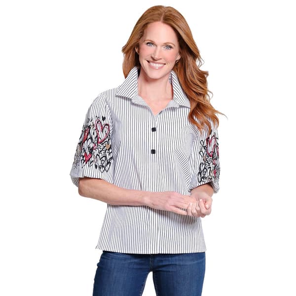 Womens Ali Miles Elbow Heart Embroidered Sleeve Stripe Blouse