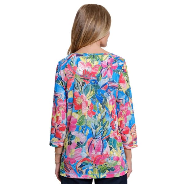 Petite Ali Miles 3/4 Sleeve Floral Hummingbird Blouse
