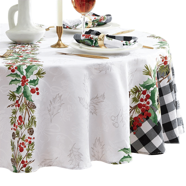 Threadmade Holly Farmhouse Charm Holiday Fabric Tablecloth
