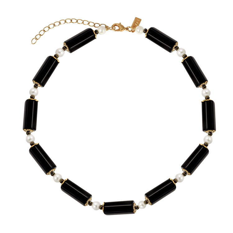 1928 Semi-Precious Onyx Tube & Faux Pearl Bead Necklace