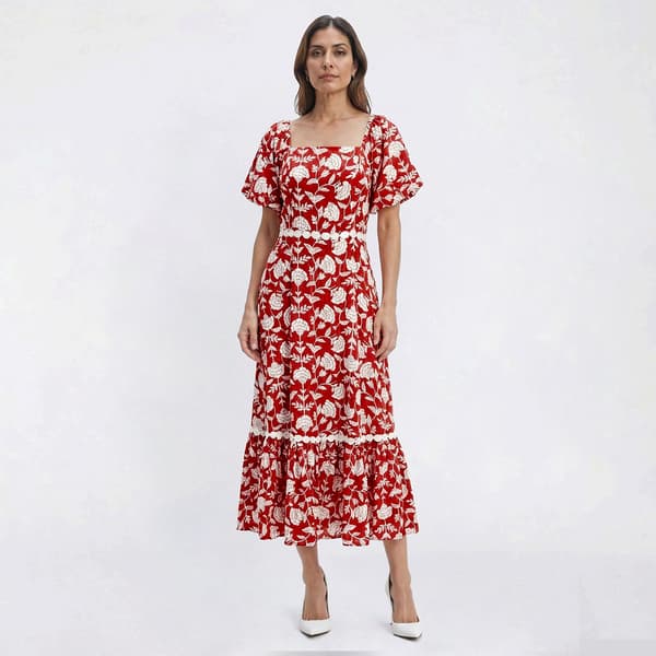 Womens Absolutely Famous Short Puff Sleeve Floral Midi Dress