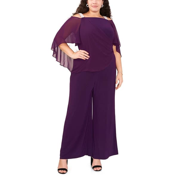 Plus Size MSK Solid Capelet Overlay Rhinestone Trim Jumpsuit