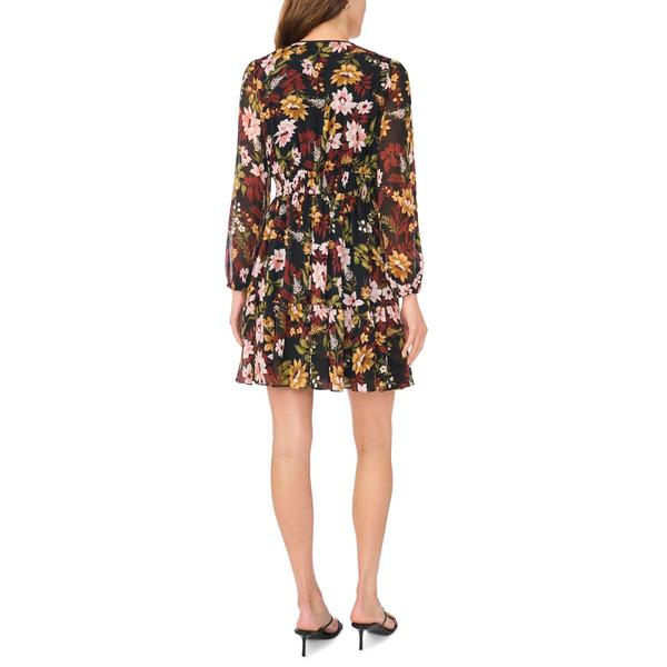 Womens MSK Long Sleeve Floral Keyhole Neck Chiffon A-Line Dress