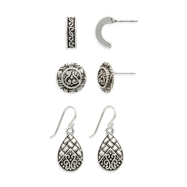 Freedom Nickel Free Antique Silver Bali Etched Trio Earrings Set - image 