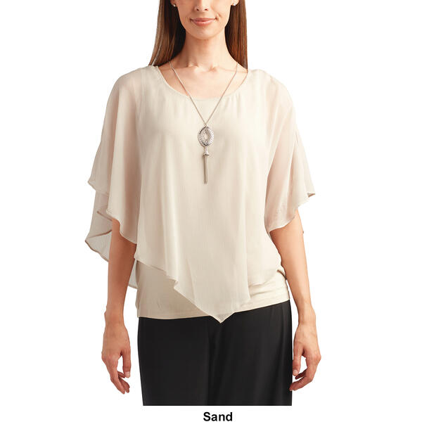 Womens AGB Solid Chiffon Popover Blouse with Necklace