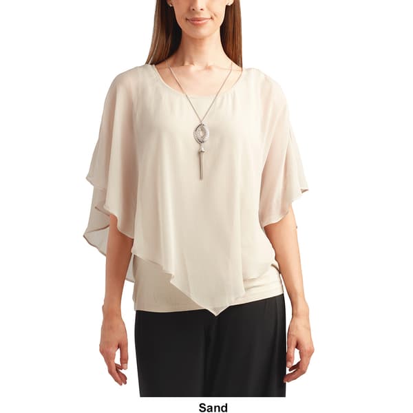 Plus Size  AGB Solid Chiffon Popover Blouse with Necklace