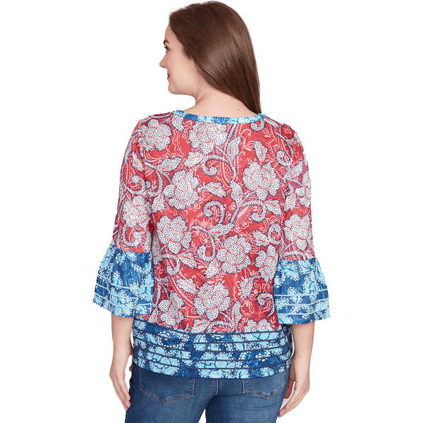 Womens Ruby Rd. Indigo Go Floral Paisley Flounce Sleeve Blouse