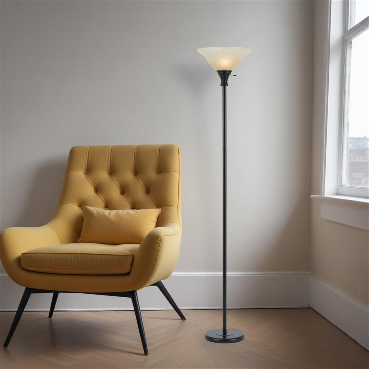 HomeRoots 71in. Bronze Torchiere Floor Lamp With Glass Shade