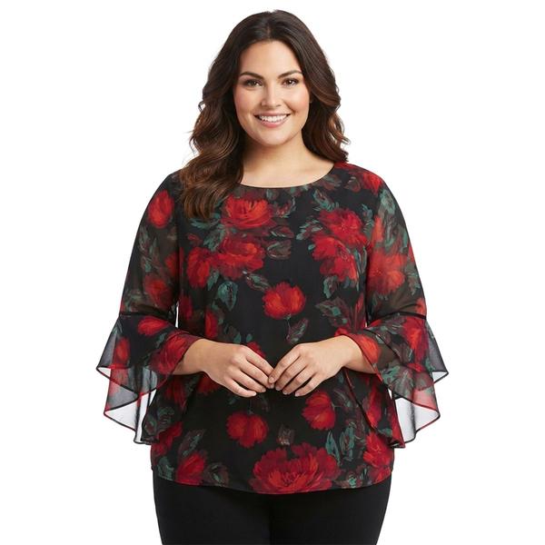 Plus Size Kasper 3/4 Ruffle Sleeve Blurred Floral Blouse - image 