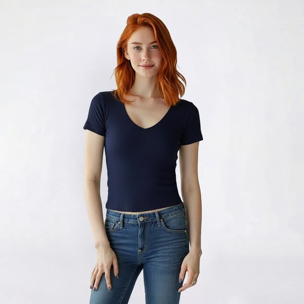 Juniors 7th & Hudson Short Sleeve V-Neck Ribbed Fitted Tee