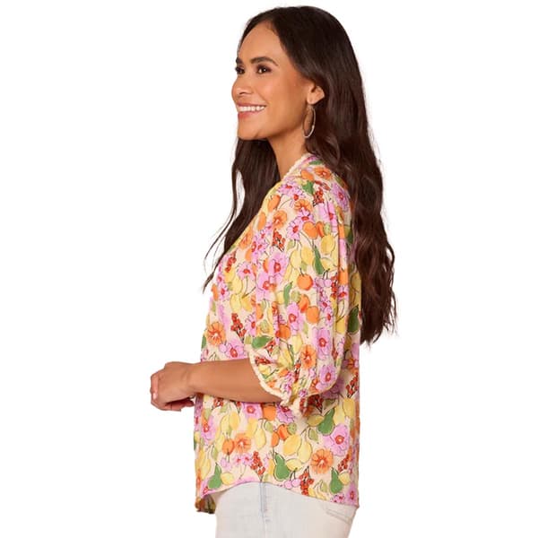 Womens Democracy Elbow Lantern Sleeve Lemon Floral Blouse