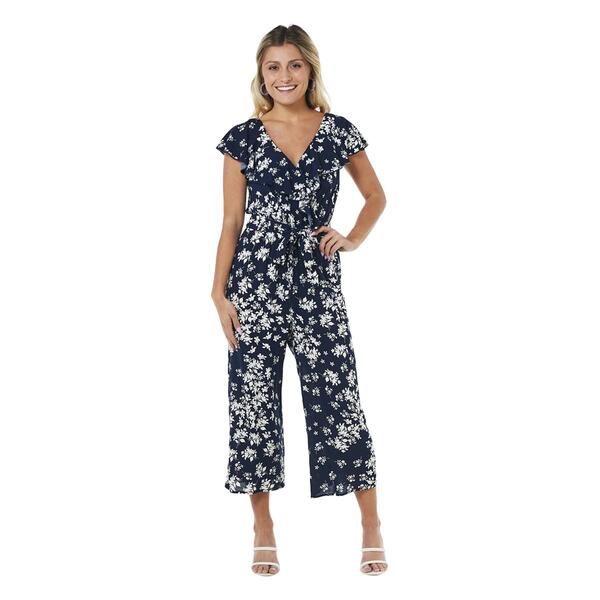 Womens Luxology Short Ruffle Sleeve Challis Jumpsuit-Navy/Ivory - image 