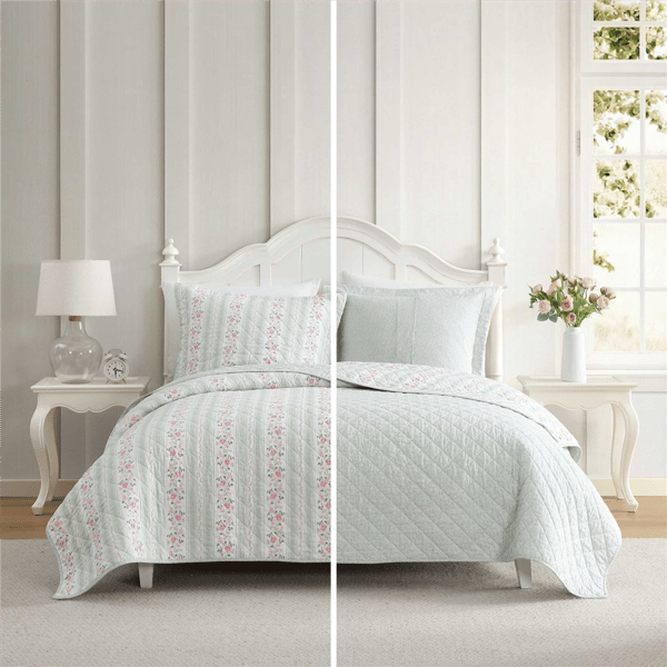 Laura Ashley Rosebud Stripe Reversible Reversible Qulit Set