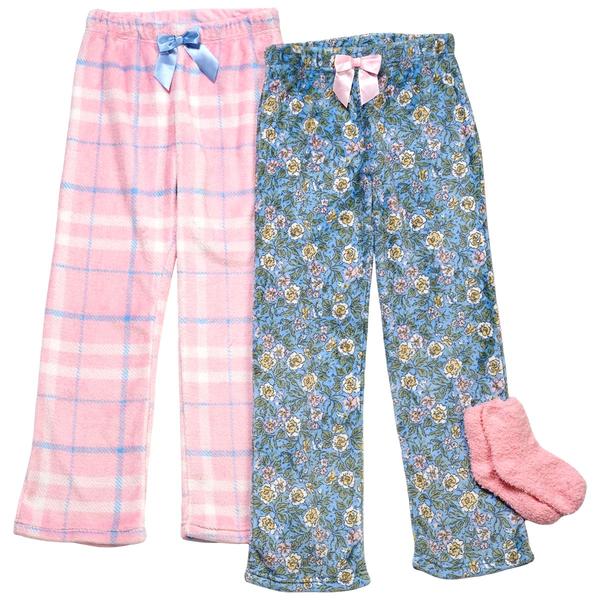 Girls (7-16) Sleep On It(R) 2pk. Plaid/Floral Pajama Pants w/ Socks - image 