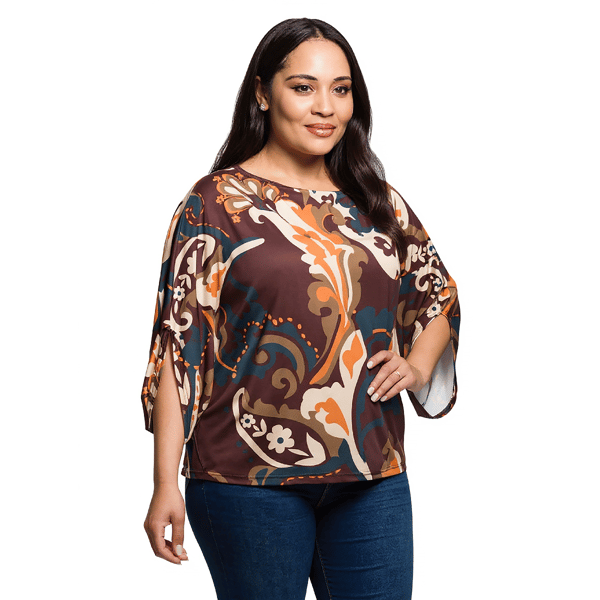 Plus Size 24/7 Comfort Apparel Brown Paisley Dolman Top