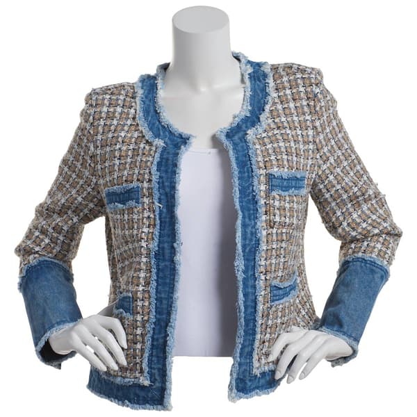 Womens Nanette Lepore Long Sleeve Open Boucle Denim Trim Jacket - image 