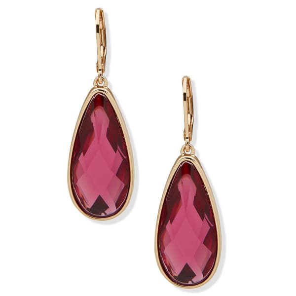 Nine West Gold-Tone Fuchsia Teardrop Leverback Drop Earrings - image 