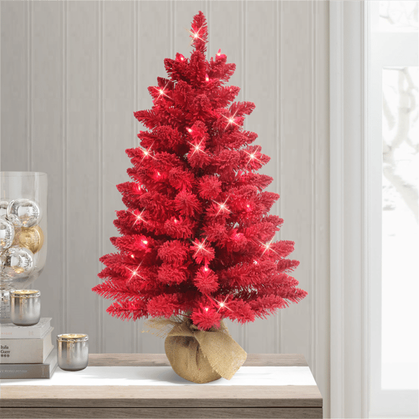 Puleo International 3ft. Pre-Lit Flocked Fashion Red Tree