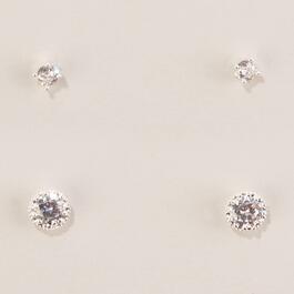 Design Collection Silver-Tone CZ Round & Halo Duo Stud Earrings
