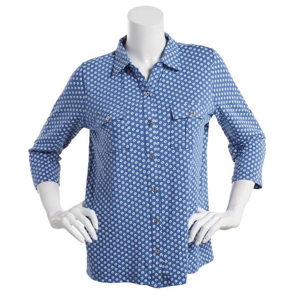 Petite Hasting & Smith 3/4 Sleeve Roll Tab Button Front Print Top - image 