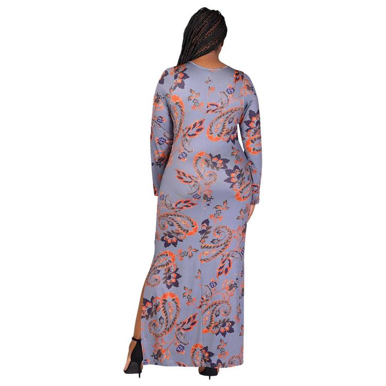 Plus Size 24/7 Comfort Apparel Grey Side Slit Fitted Maxi Dress