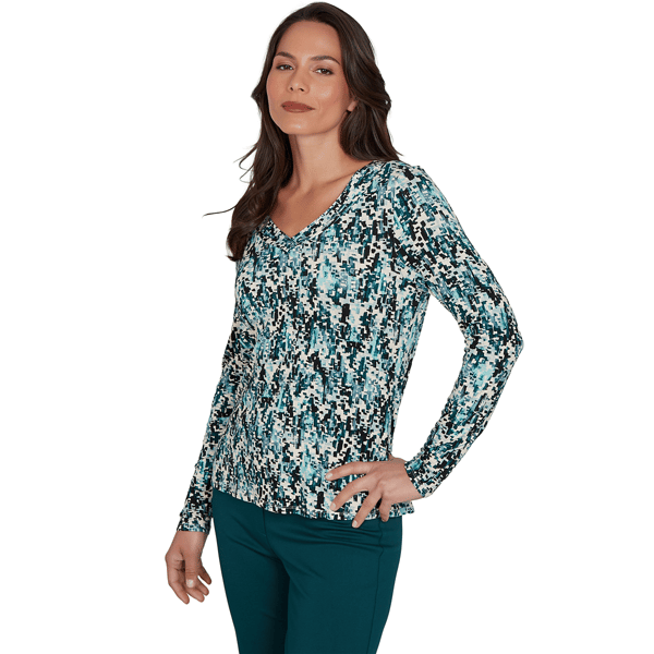 Womens Emaline Key Items Long Sleeve V Neck Abstract Tee