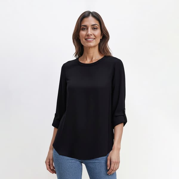 Womens Anne Klein Roll Tab Sleeve Heatset Embellishment Blouse - image 