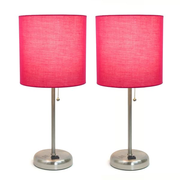 LimeLights Brush Steel Lamp w/Charging Outlet/Pink Shade-Set of 2