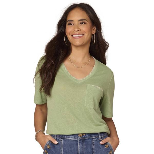 Womens Democracy Short Sleeve V-Neck Blanket Stitch Pocket Tee - image 