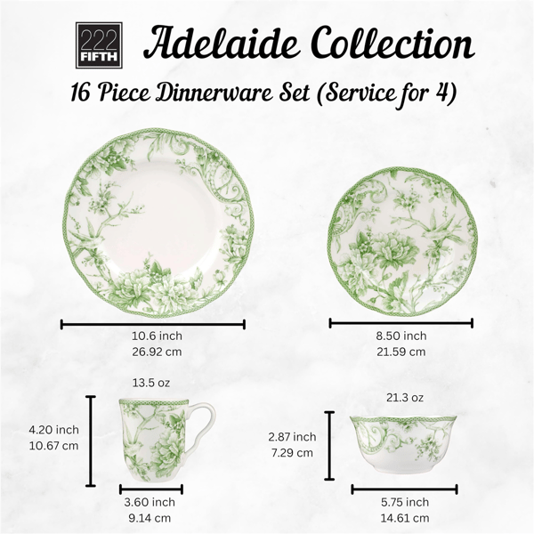 222 Fifth Adelaide Moss 16pc. Porcelain Dinnerware Set Green