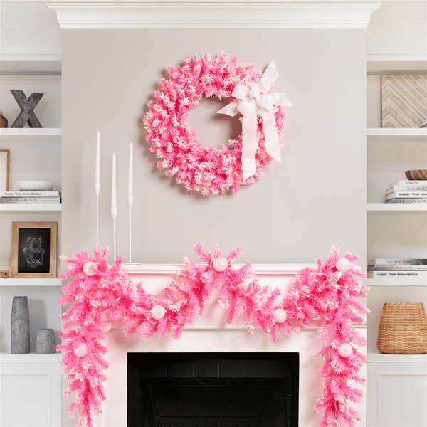 Northlight 24in. Pre-Lit Flocked Pink Pine Christmas Wreath