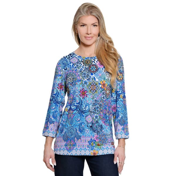 Plus Size Ali Miles 3/4 Sleeve Abstract Floral Side Button Blouse - image 