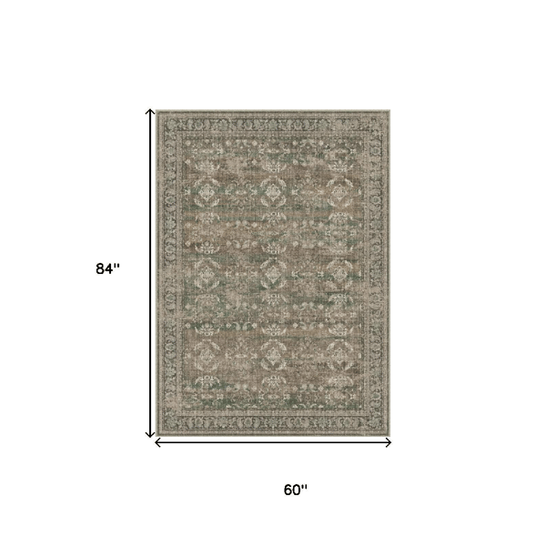 HomeRoots Brown Ivory & Green Floral Medallion Washable Area Rug
