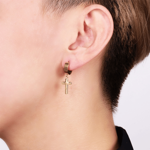 Mens Lynx Gold-Tone Ion Plated Cross Hoop Earrings