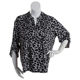 Plus Size Notations Puff Print 3/4 Sleeve ITY Pleat Henley