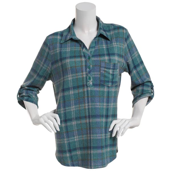 Plus Size Emily Daniels 3/4 Sleeve Plaid Hacci Blouse- Green/Blue