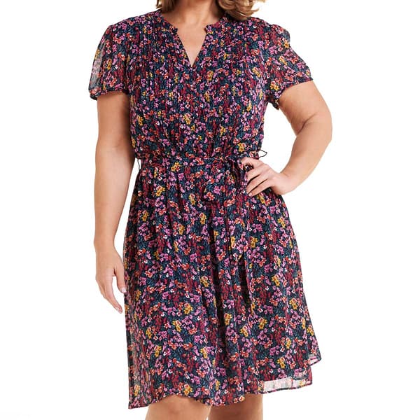 Plus Size MSK Short Sleeve Chiffon Floral Pintuck Midi Dress