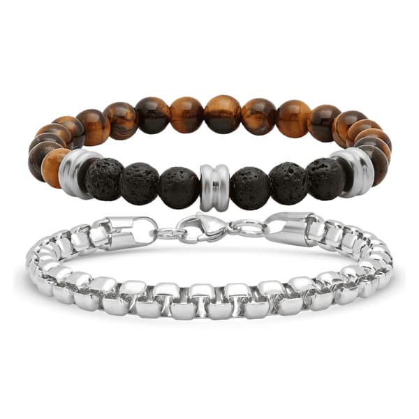 Mens Steeltime Beaded Tiger Eye Stainless Steel Bracelet Set - image 