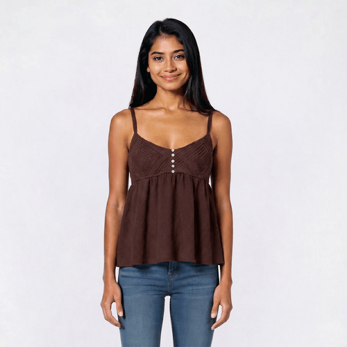 Juniors Derek Heart Babydoll Crochet Bodice Tank Top w/ Buttons - image 