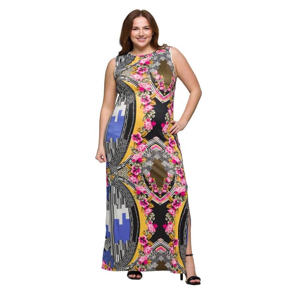 Plus Size 24/7 Comfort Apparel Geometric Floral Maxi Dress