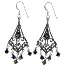 Marsala Fine Silver-Plated Marcasite Jet Fishhook Earrings