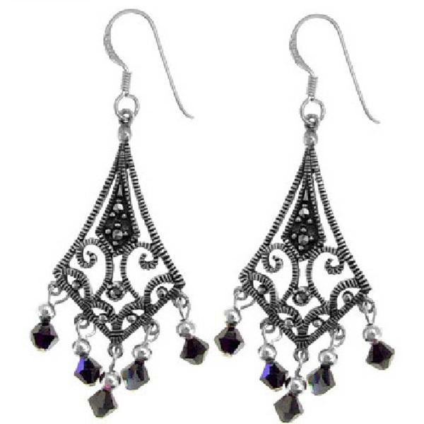Marsala Fine Silver-Plated Marcasite Jet Fishhook Earrings - image 