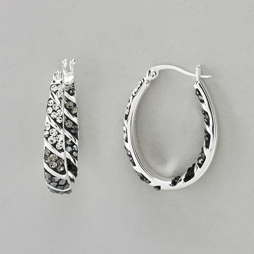 Silver Plated Inside Out Black Crystals Oval Hoop Earrings